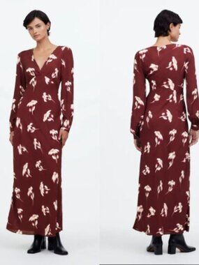 Madewell V-Neck Cuff Sleeve Maxi Dress Floral Bordeaux – Size 12 NWT